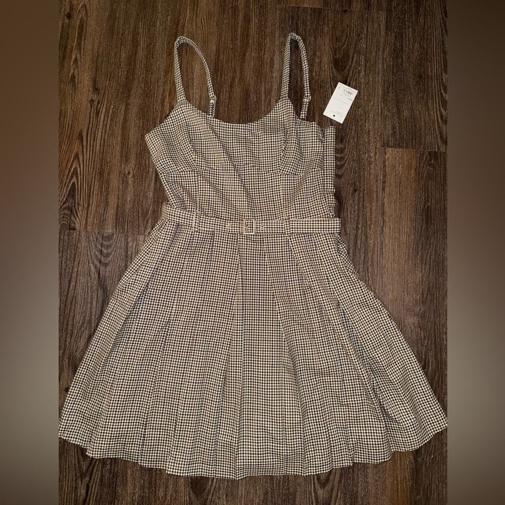 Retro-Classic Brown, Navy and White Midi Dress with Decorative Belt